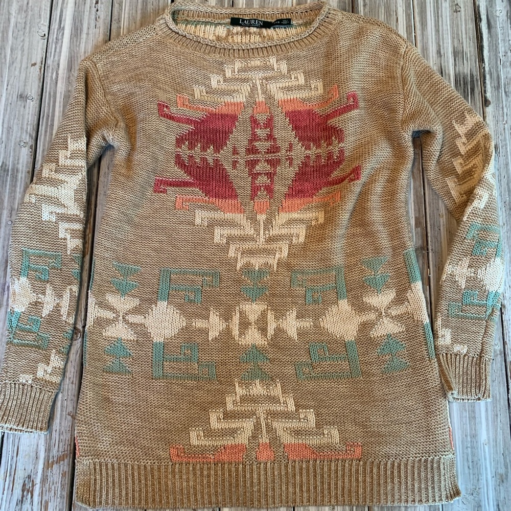 Ralph Lauren Tan Aztec Crewneck Sweater with Pink & Teal Accents